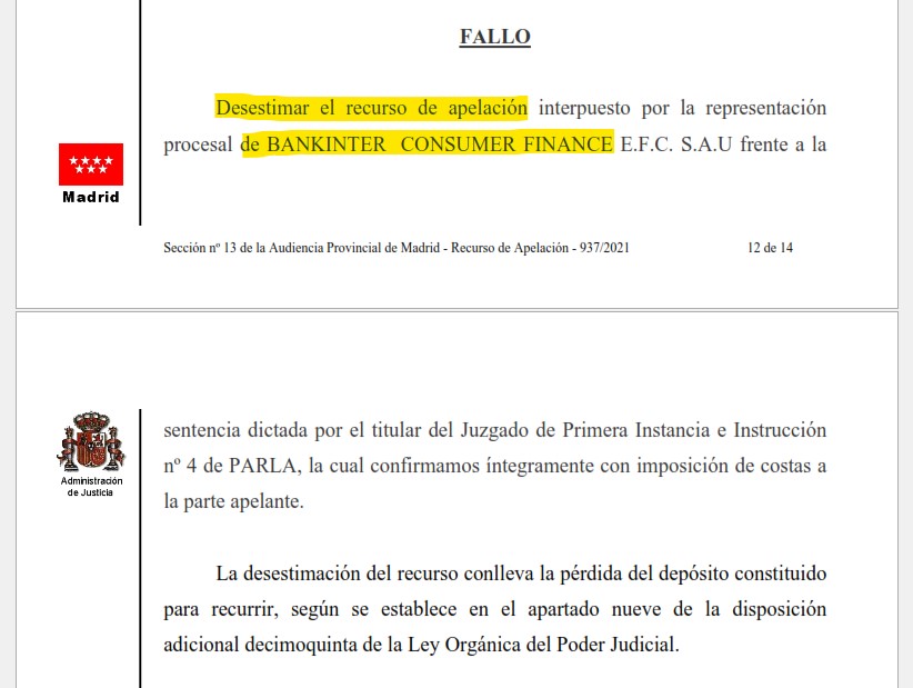 Recorte del fallo de la sentencia 116/2022 contra Bankintercard