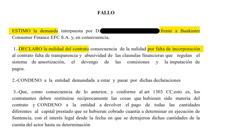 Recorte del fallo de la sentencia 00125/2026 contra Bankintercard