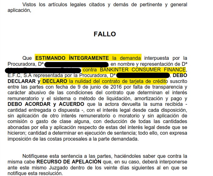 Recorte del fallo de la sentencia 000072/2023 contra Bankintercard