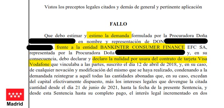 Recorte del fallo de la sentencia 627/2022 contra Bankintercard