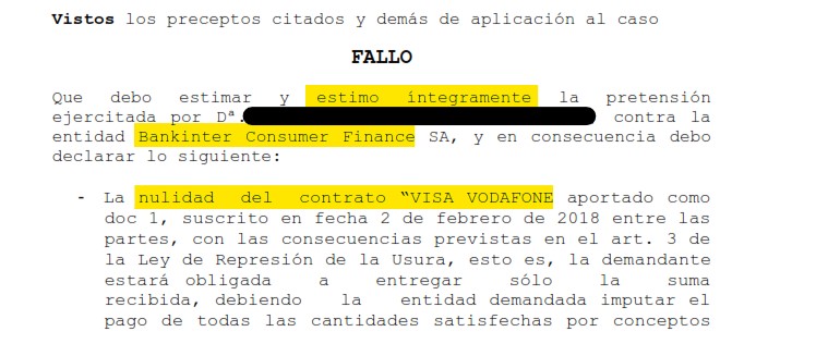 Recorte del fallo de la sentencia 00161/2022 contra Bankintercard