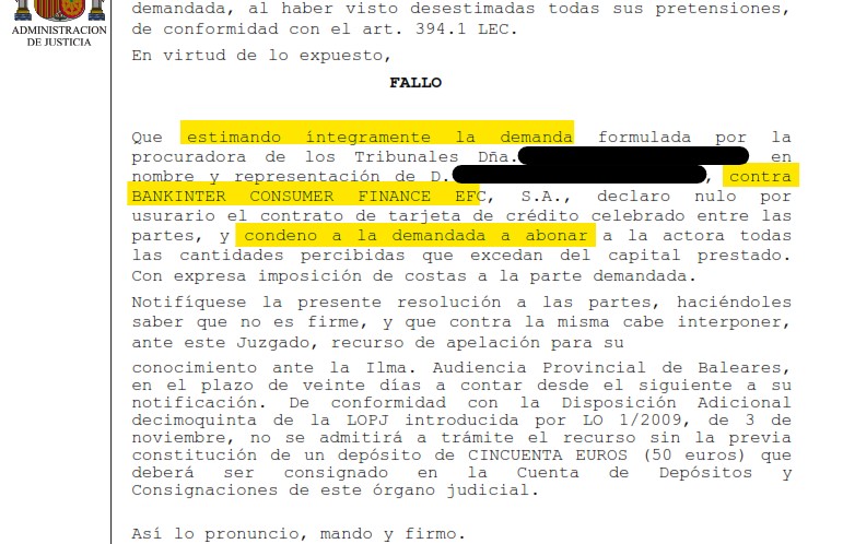 Recorte del fallo de la sentencia S/N contra Bankintercard