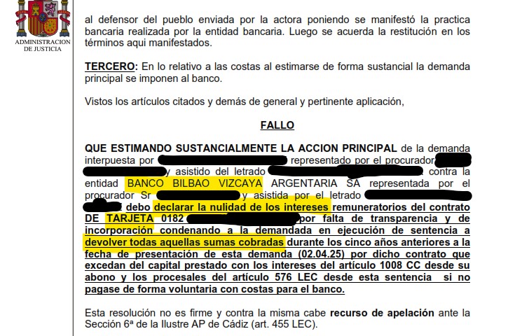 Recorte del fallo de la sentencia S/N contra BBVA
