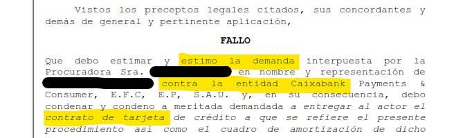 Recorte del fallo de la sentencia 00215/2025 contra Caixabank Payments & Consumer
