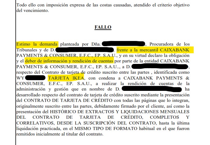Recorte del fallo de la sentencia 135/2022 contra CaixaBank Payments & Consumer