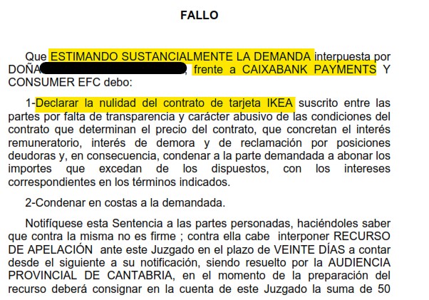 Recorte del fallo de la sentencia 000068/2023 contra CaixaBank Payments & Consumer