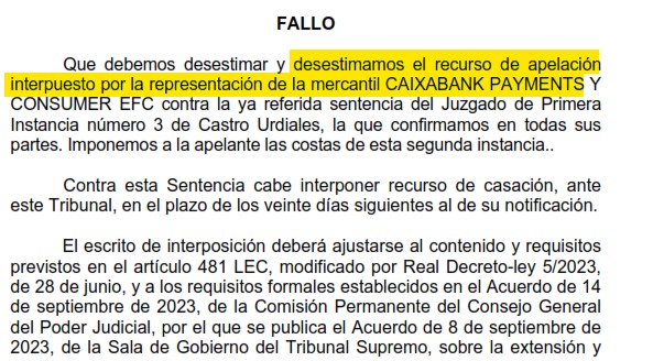 Recorte del fallo de la sentencia 000459/2025 contra CaixaBank Payments & Consumer