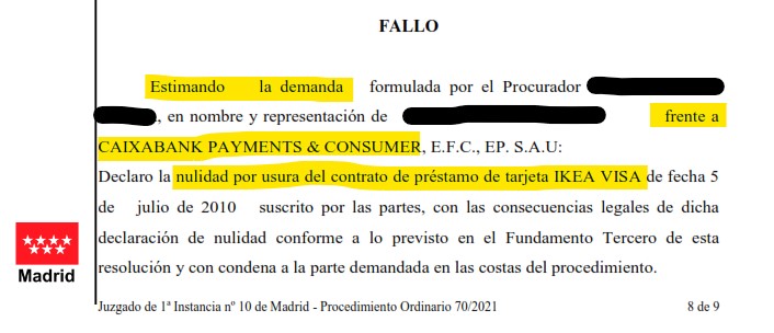 Recorte del fallo de la sentencia 38/2022 contra CaixaBank Payments & Consumer
