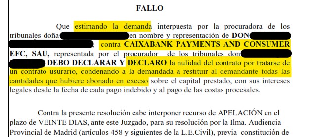 Recorte del fallo de la sentencia 80/2023 contra CaixaBank Payments & Consumer