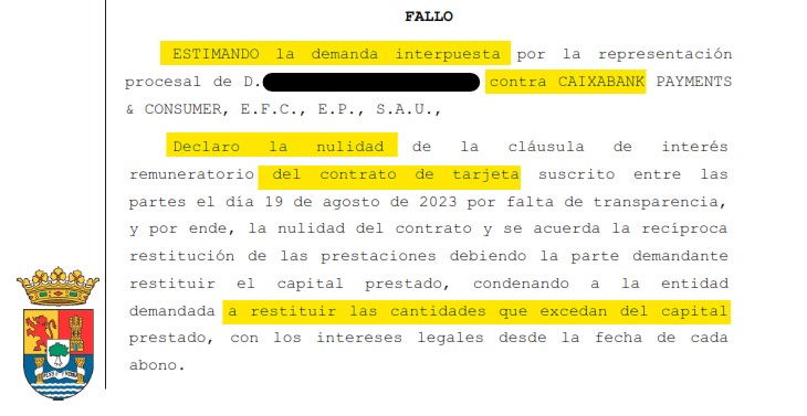 Recorte del fallo de la sentencia 00401/2026 contra CaixaBank Payments & Consumer