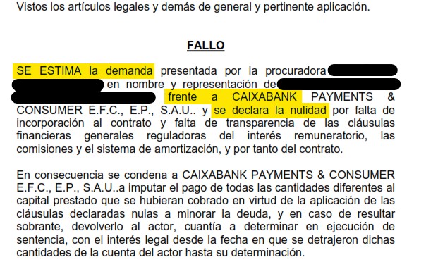 Recorte del fallo de la sentencia 000466/2025 contra CaixaBank Payments & Consumer