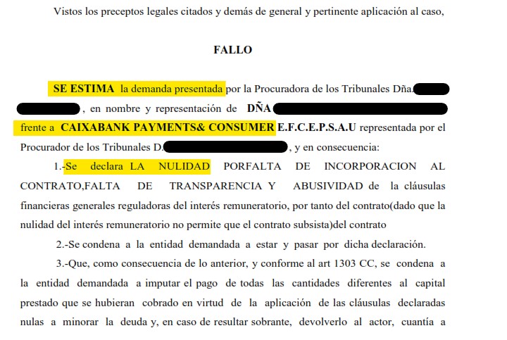 Recorte del fallo de la sentencia 00096/2026 contra CaixaBank Payments & Consumer
