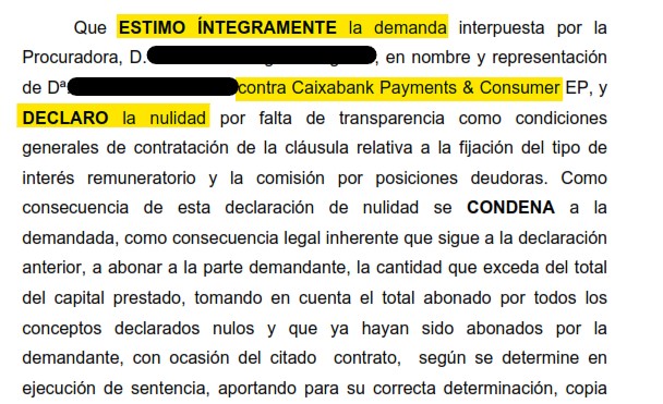 Recorte del fallo de la sentencia 000019/2024 contra CaixaBank Payments & Consumer