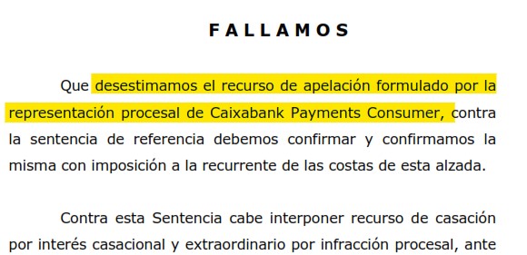 Recorte del fallo de la sentencia 000459/2025 contra CaixaBank Payments & Consumer