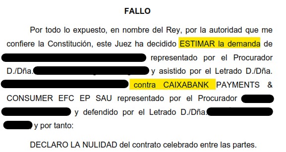 Recorte del fallo de la sentencia 000504/2024 contra CaixaBank Payments & Consumer