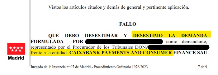 Recorte del fallo de la sentencia 471/2024 contra CaixaBank Payments & Consumer