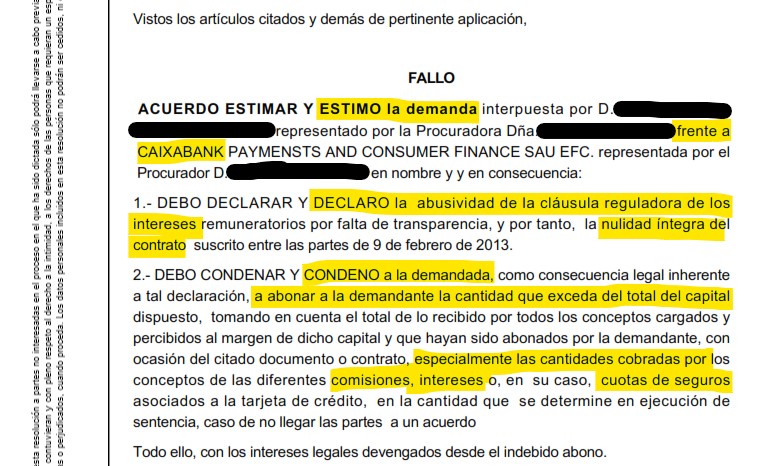 Recorte del fallo de la sentencia S/N contra CaixaBank Payments & Consumer