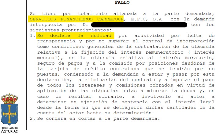 Recorte del fallo de la sentencia 141/2023 contra Carrefour PASS