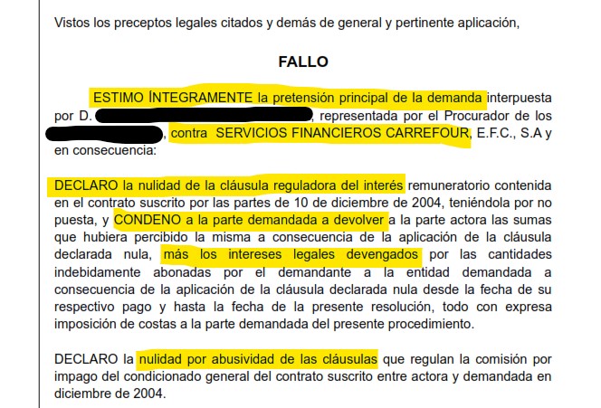 Recorte del fallo de la sentencia 00185/2025 contra Carrefour PASS