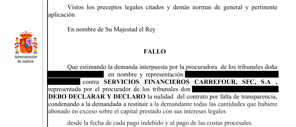 Fallo de la sentencia ***/2026 del Tribunal de Instancia de Alcobendas contra Carrefour PASS, con los datos personales tachados