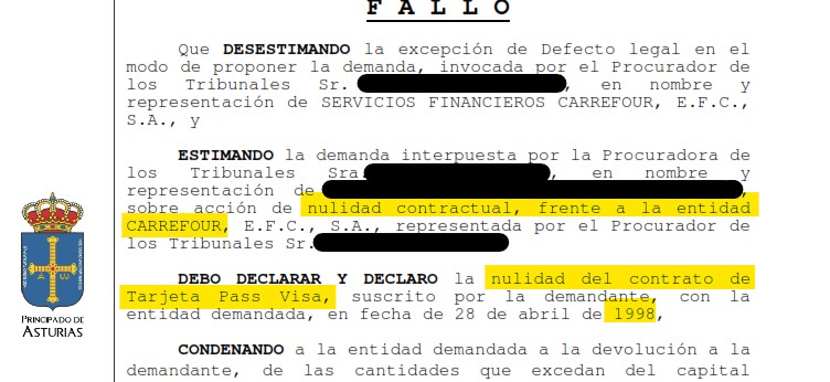 Recorte del fallo de la sentencia 00271/2017 contra Carrefour PASS