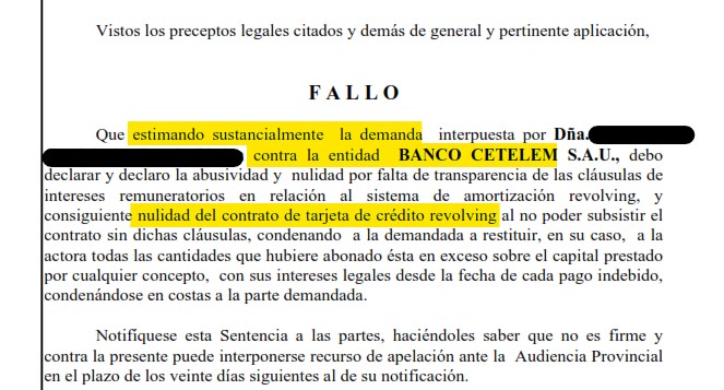 Recorte del fallo de la sentencia 194/2026 contra Cetelem