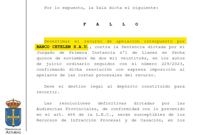 Recorte del fallo de la sentencia 00085/2024 contra Cetelem