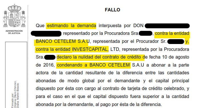 Recorte del fallo de la sentencia 000574/2025 contra Cetelem