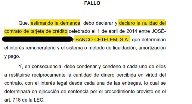 Recorte del fallo de la sentencia 000034/2024 contra Cetelem