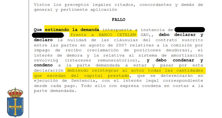 Recorte del fallo de la sentencia 171/2023 contra Cetelem