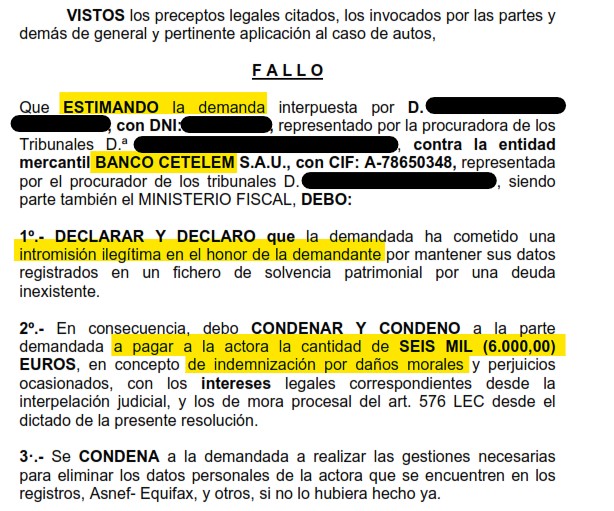 Recorte del fallo de la sentencia 000079/2022 contra Cetelem