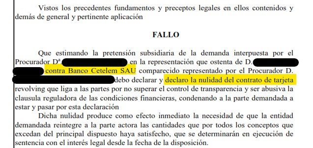 Recorte del fallo de la sentencia 401/2022 contra Cetelem