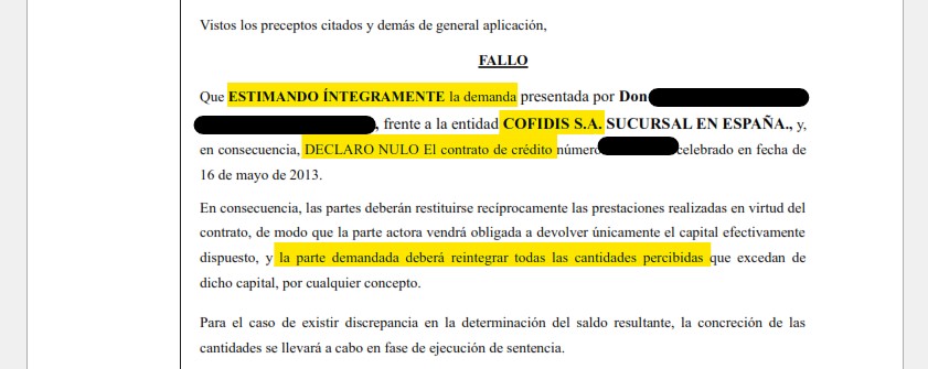 Recorte del fallo de la sentencia 00112/2026 contra Cofidis