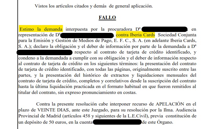 Recorte del fallo de la sentencia 180/2022 contra Iberia Cards