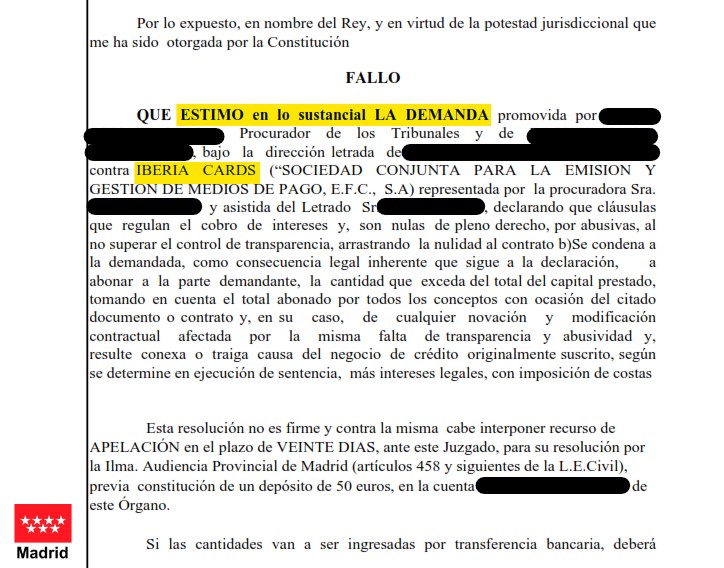 Recorte del fallo de la sentencia 296/2023 contra Iberia Cards