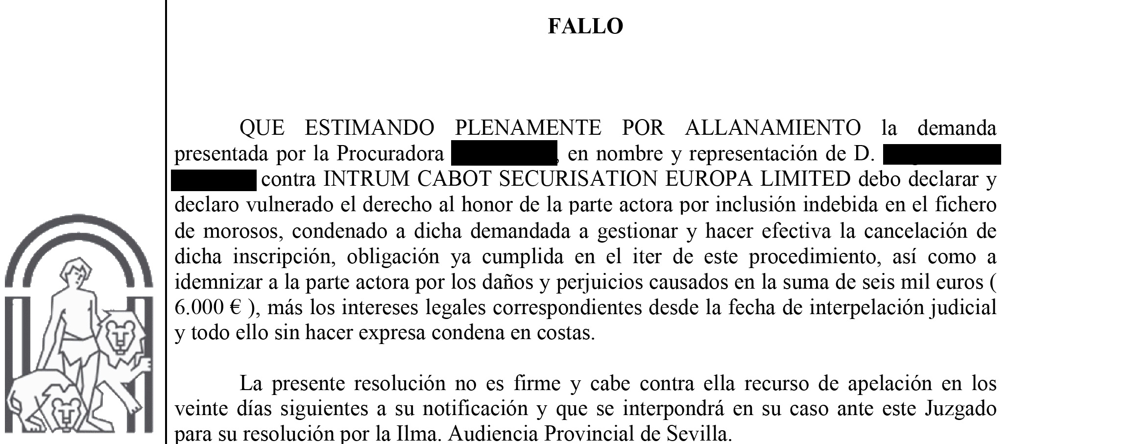 Recorte del fallo de la sentencia 314/2024 contra Intrum Cabot