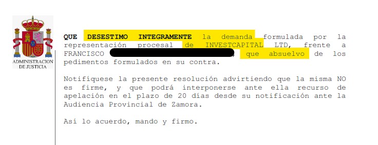 Recorte del fallo de la sentencia 00201/2026 contra Investcapital