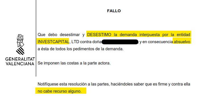 Recorte del fallo de la sentencia 201/2026 contra Investcapital
