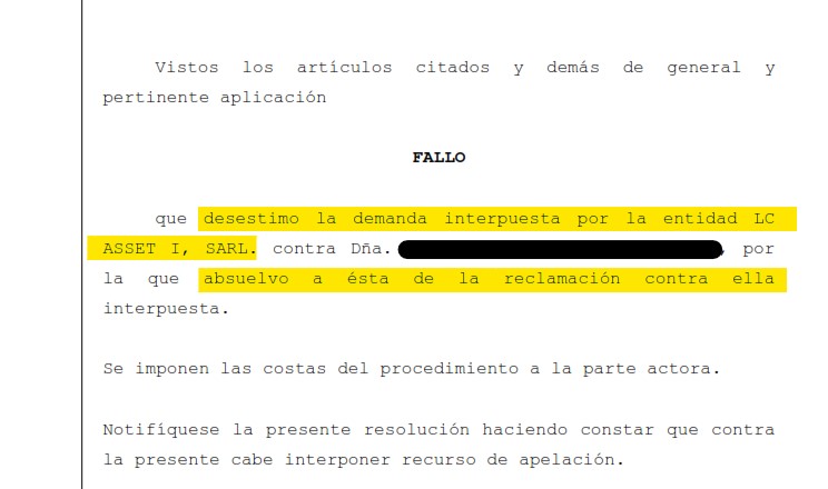 Recorte del fallo de la sentencia 00035/2023 contra LC Asset
