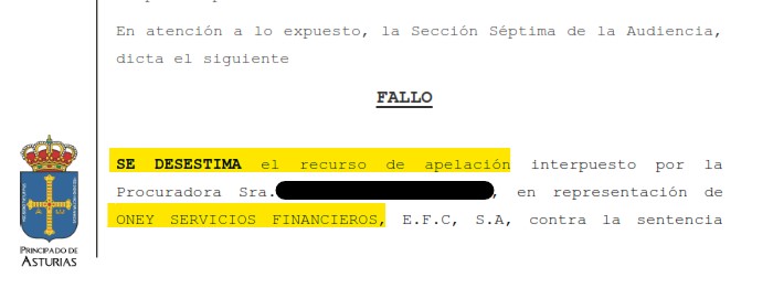 Recorte del fallo de la sentencia 00584/2025 contra Oney