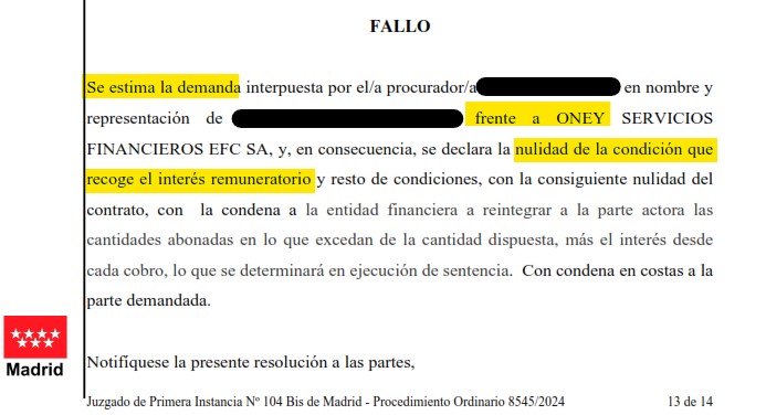 Recorte del fallo de la sentencia 512/2025 contra Oney