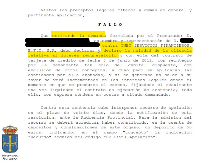 Recorte del fallo de la sentencia 00298/2024 contra Oney