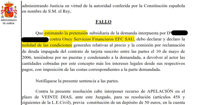 Recorte del fallo de la sentencia 21/2025 contra Oney Servicios Financieros