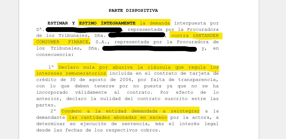 Recorte del fallo de la sentencia 00312/2025 contra Santander Consumer Finance