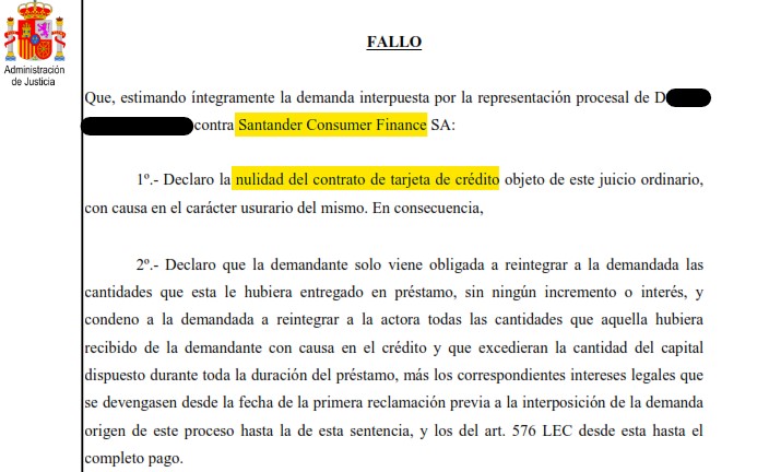 Recorte del fallo de la sentencia 370/2022 contra Santander Consumer Finance