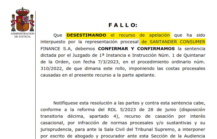Recorte del fallo de la sentencia 00373/2025 contra Santander Consumer Finance