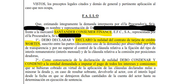 Recorte del fallo de la sentencia s/n contra Santander Consumer Finance