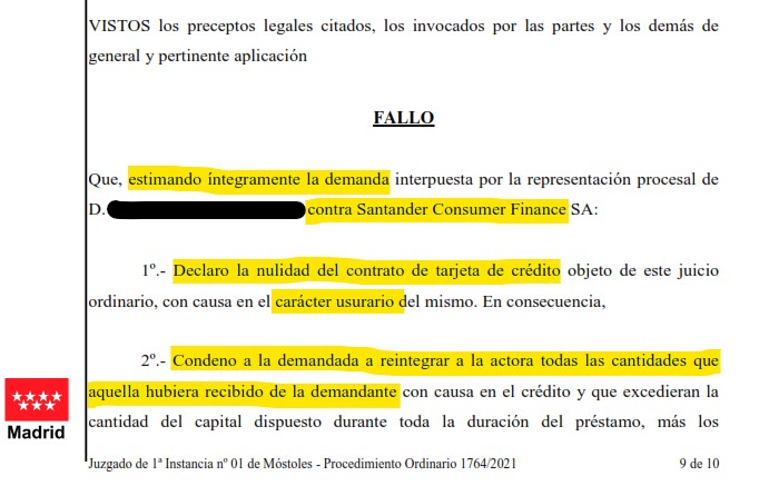 Recorte del fallo de la sentencia 227/2022 contra Santander Consumer Finance