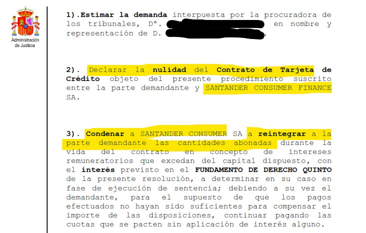 Recorte del fallo de la sentencia 170/2022 contra Santander Consumer Finance