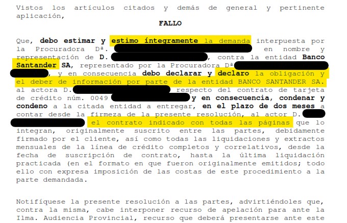 Recorte del fallo de la sentencia 00083/2023 contra Santander
